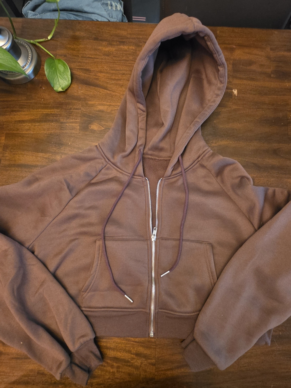 DAZY Brown Cropped Full-Zip Hoodie Cropped Brown Zip-Front Hooded Utility Jacket